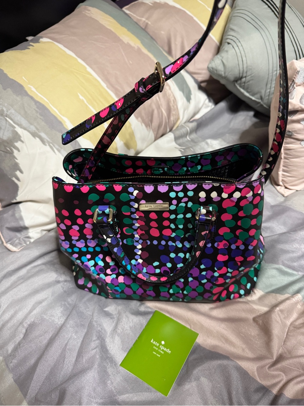 kate spade Black Leather Satchel with Multicolor Dot Print